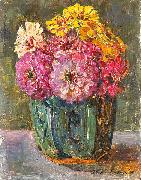 Floris Verster Stillife with zinnias in a ginger pot. oil on canvas